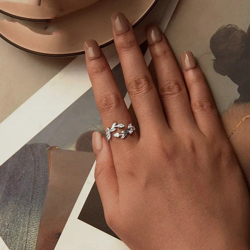 Bague ajustable simple en forme de feuille, déclaration de feuilles porte-bonheur