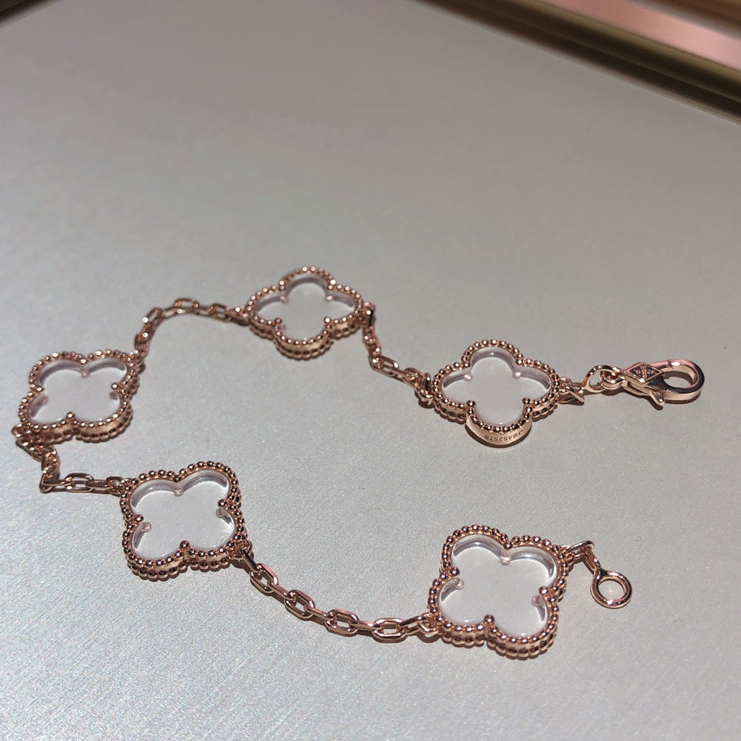 [Kincade Jewelrys]CLOVER 5 MOTIF ROCK CRYSTAL PINK GOLD BRACELET