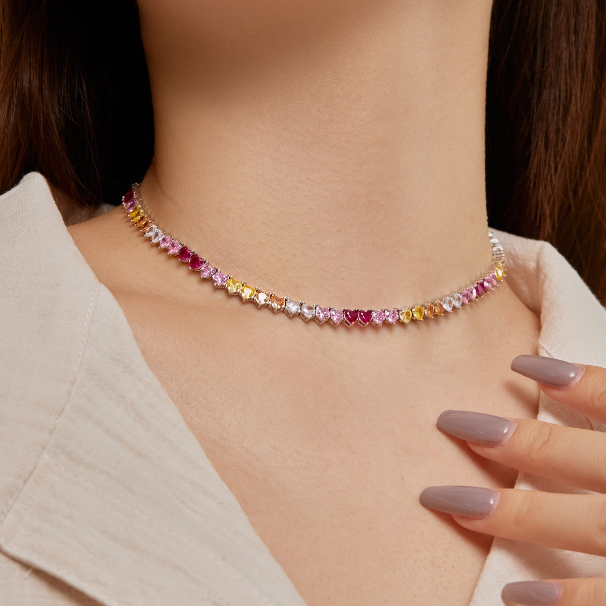 [Kincade Jewelrys] Collier tennis scintillant et coloré en forme de cœur