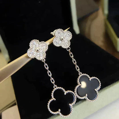 [Kincade Jewelrys]Boucles d'oreilles Clover 2 motifs diamant onyx argent
