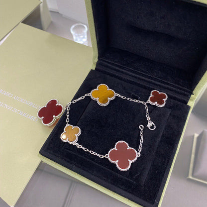 [Kincade Jewelrys] BRACELET ŒIL DE TIGRE EN ARGENT, CORNALINE ET TRÈFLE À 5 MOTIFS