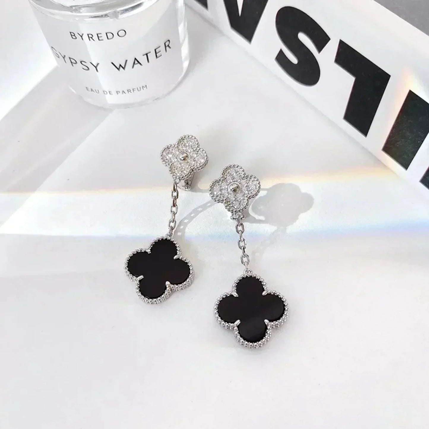[Kincade Jewelrys]Boucles d'oreilles Clover 2 motifs diamant onyx argent
