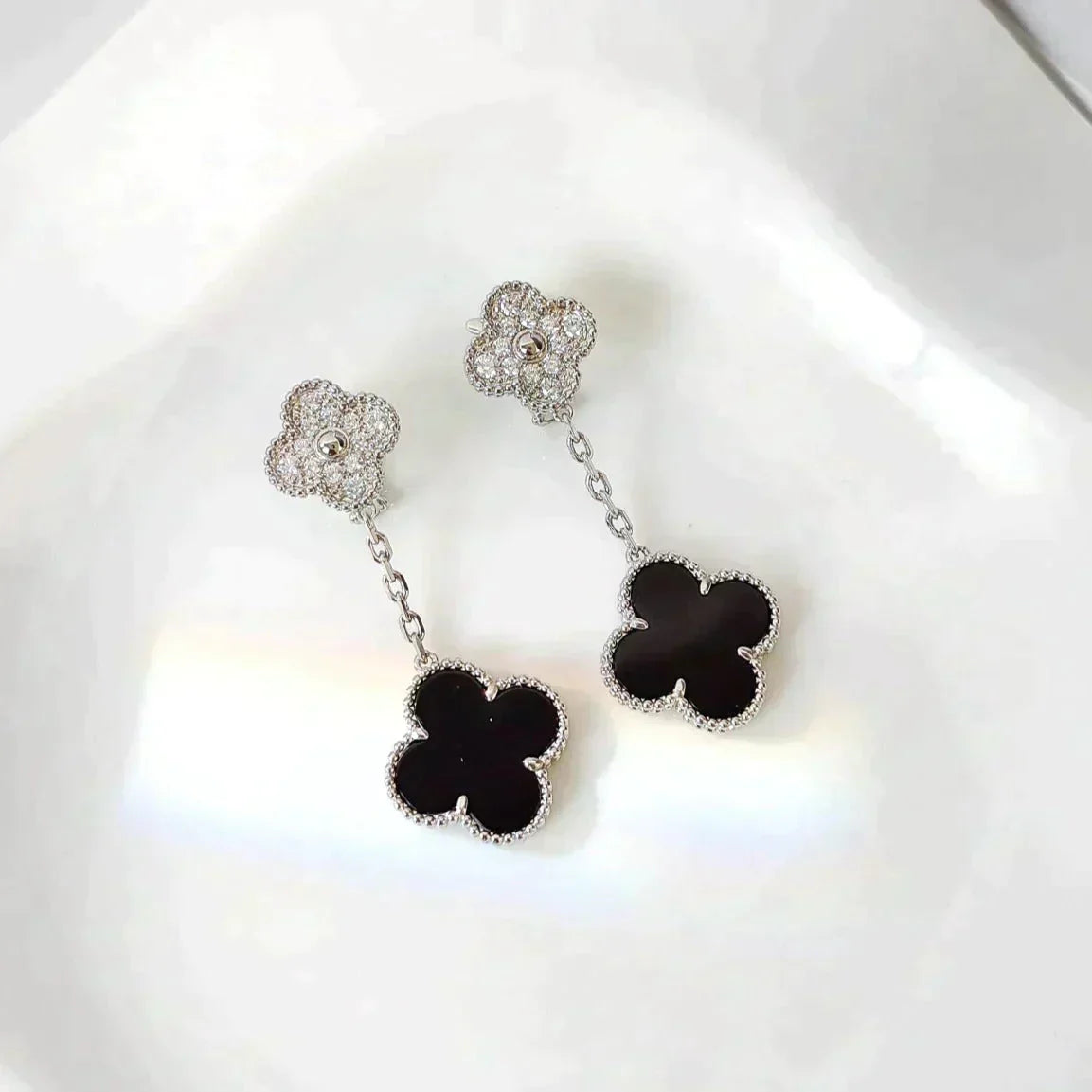 [Kincade Jewelrys]Boucles d'oreilles Clover 2 motifs diamant onyx argent
