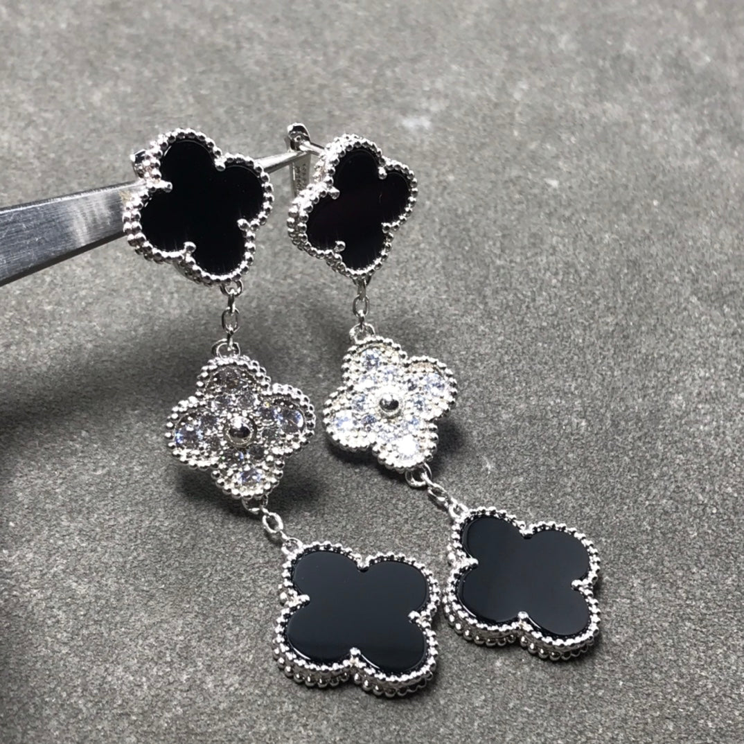 [Kincade Jewelrys]Boucles d'oreilles en argent et onyx diamant à trois motifs
