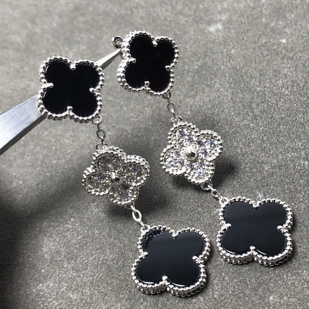 [Kincade Jewelrys]Boucles d'oreilles en argent et onyx diamant à trois motifs