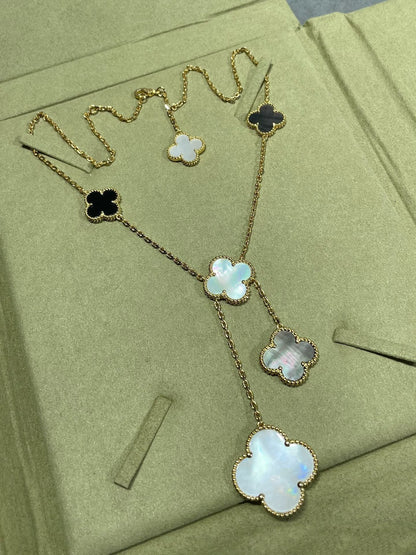 [Kincade Jewelrys]CLOVER 6 MOTIF MOP ONYX GOLD NECKLACE