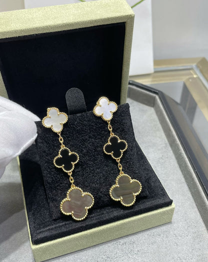 [Kincade Jewelrys]Boucles d'oreilles en or rose et nacre foncée avec trois motifs de trèfle