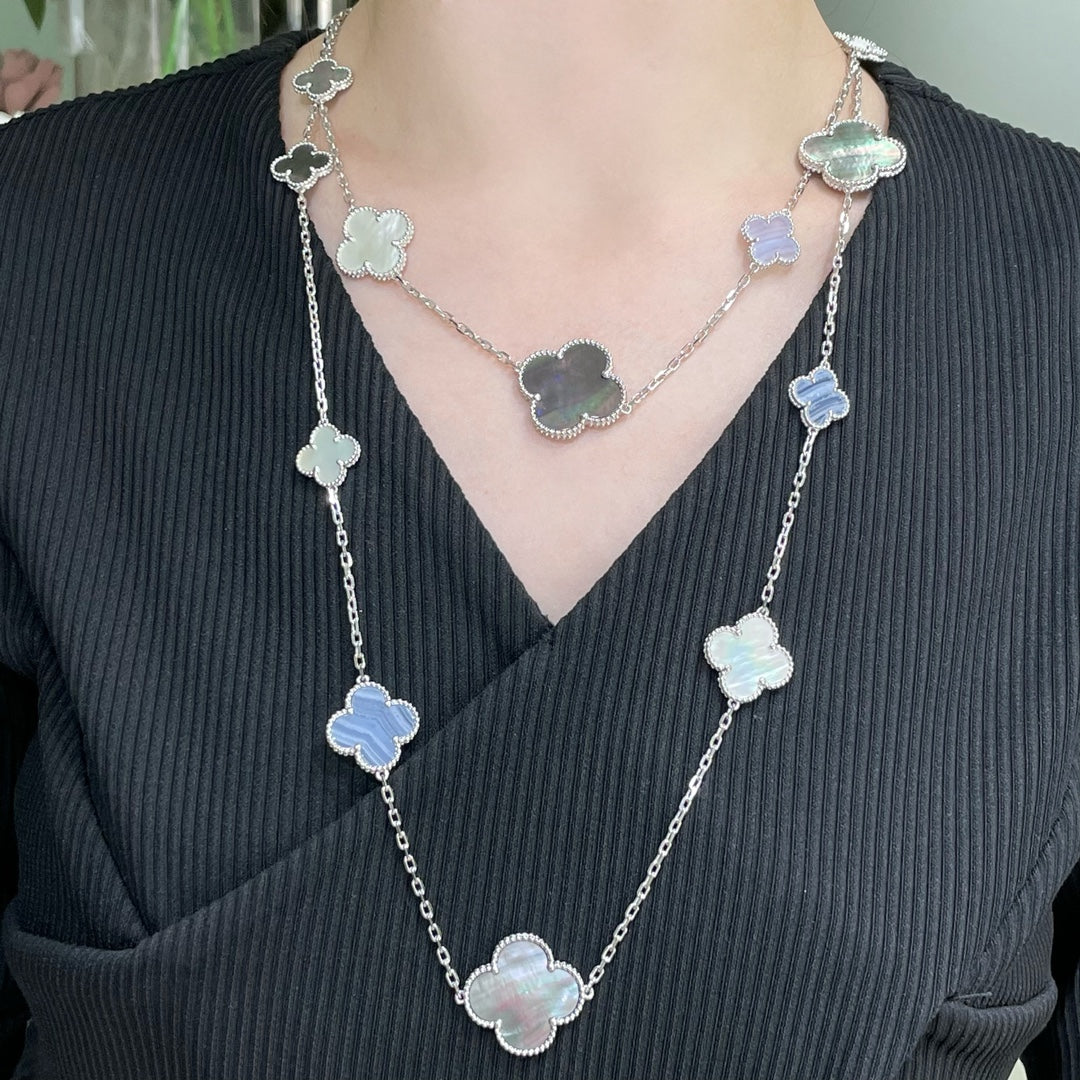 [Kincade Jewelrys]CLOVER 16 MOTIF CHALCEDONY MOP SILVER NECKLACE