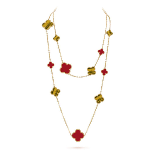 [Kincade Jewelrys] COLLIER EN OR ROSE AVEC 16 MOTIFS DE TRÈFLE, CORNALINE ET ŒIL DE TIGRE
