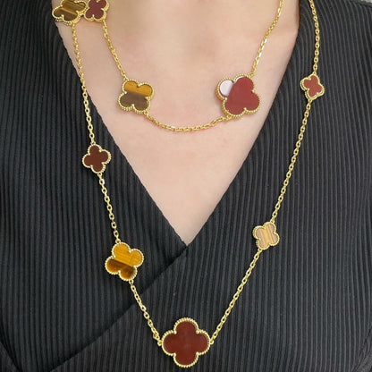 [Kincade Jewelrys] COLLIER EN OR ROSE AVEC 16 MOTIFS DE TRÈFLE, CORNALINE ET ŒIL DE TIGRE