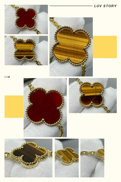 [Kincade Jewelrys] COLLIER EN OR ROSE AVEC 16 MOTIFS DE TRÈFLE, CORNALINE ET ŒIL DE TIGRE