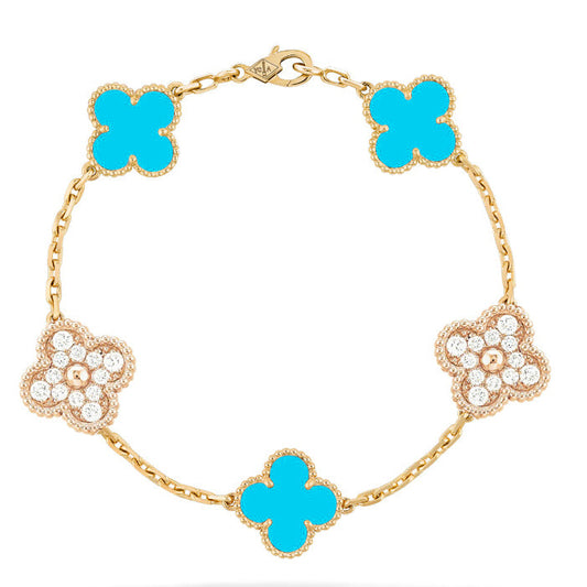 [Kincade Jewelrys] BRACELET EN OR ET DIAMANTS TURQUOISE À 5 MOTIFS CLOVER