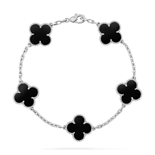 [Kincade Jewelrys] Bracelet en argent avec 5 motifs en onyx et trèfle 