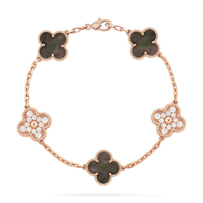 [Kincade Jewelrys] BRACELET EN OR ROSE À 5 MOTIFS, NACRE FONCÉE ET DIAMANTS