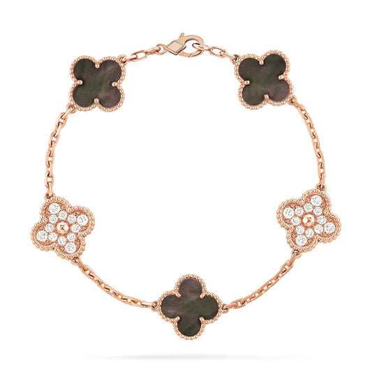 [Kincade Jewelrys] BRACELET EN OR ROSE À 5 MOTIFS, NACRE FONCÉE ET DIAMANTS