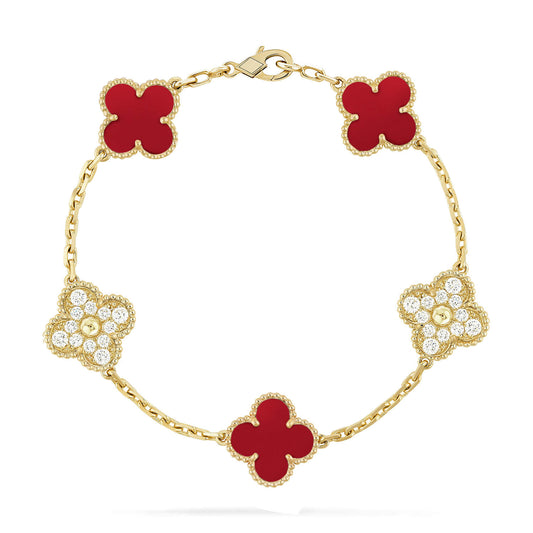 [Kincade Jewelrys] PULSERA DE DIAMANTES Y CORNALINA CON 5 MOTIVOS DE TRÉBOL