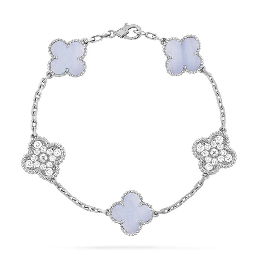 [Kincade Jewelrys] BRACELET ARGENT CALCÉDOINE VIOLET DIAMANT À 5 MOTIFS CLOVER 