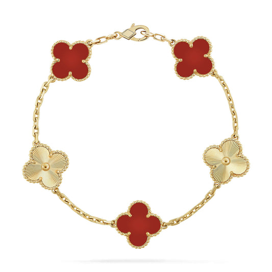 [Kincade Jewelrys] BRACELET EN OR AVEC 5 MOTIFS DE TRÈFLE ET CORNALINE 