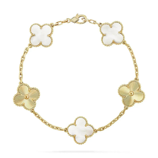 [Kincade Jewelrys] Bracelet trèfle 5 motifs nacre blanche or rose
