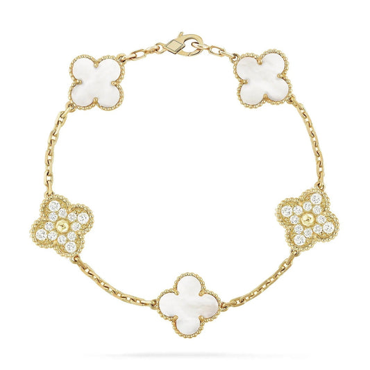 [Kincade Jewelrys] Bracelet trèfle 5 motifs nacre blanche diamant 