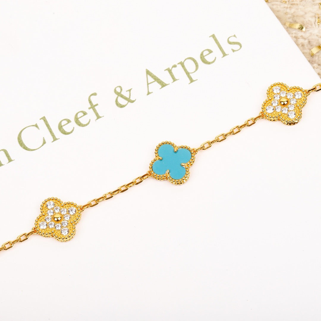 [Kincade Jewelrys]CLOVER 5 MOTIF TURQUOISE DIAMOND GOLD BRACELET