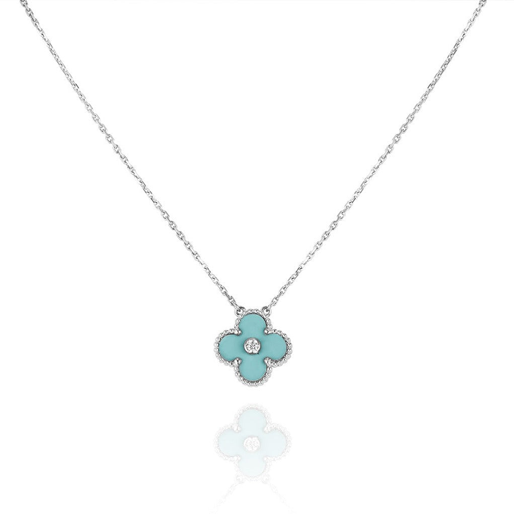 [Kincade Jewelrys] COLLIER CLOVER 1 DIAMANT BLEU CLAIR EN ARGENT