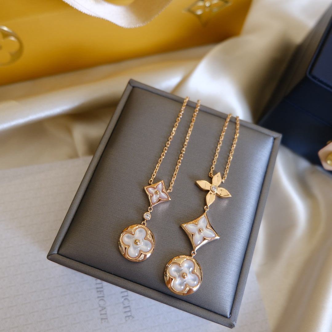 [Kincade Jewelrys] COLLIER LARIAT COLOR BLOSSOM OR ROSE NACRE BLANCHE ET DIAMANT