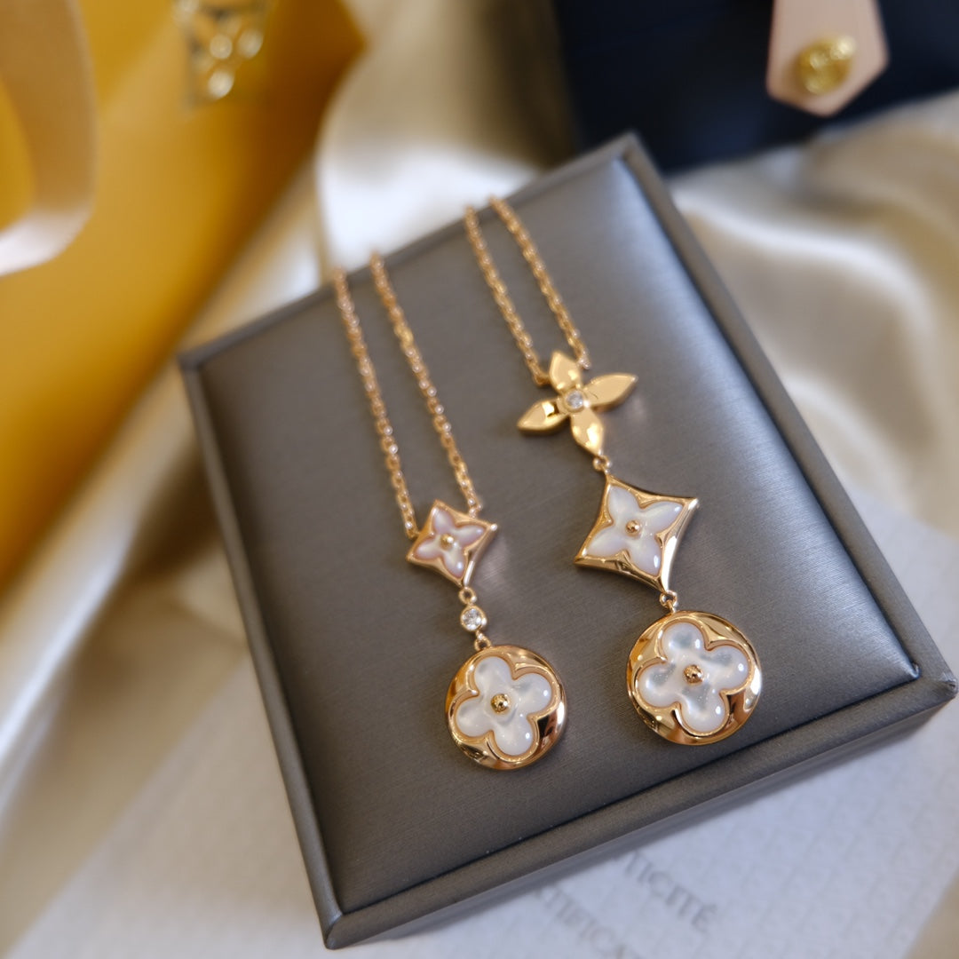 [Kincade Jewelrys] COLLIER LARIAT COLOR BLOSSOM OR ROSE NACRE BLANCHE ET DIAMANT
