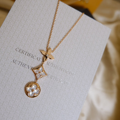 [Kincade Jewelrys] COLLIER LARIAT COLOR BLOSSOM OR ROSE NACRE BLANCHE ET DIAMANT