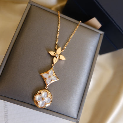 [Kincade Jewelrys] COLLIER LARIAT COLOR BLOSSOM OR ROSE NACRE BLANCHE ET DIAMANT