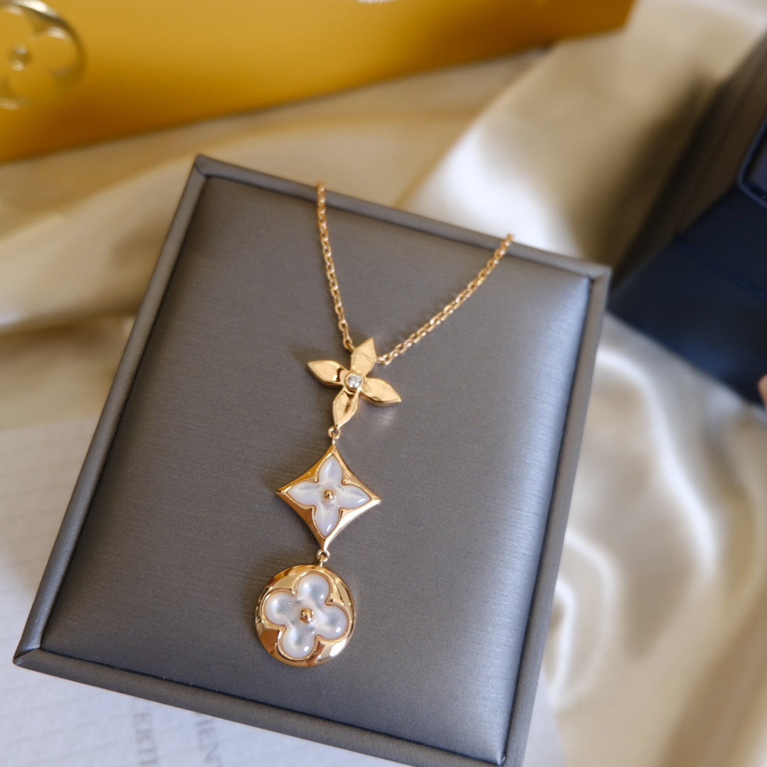 [Kincade Jewelrys] COLLIER LARIAT COLOR BLOSSOM OR ROSE NACRE BLANCHE ET DIAMANT