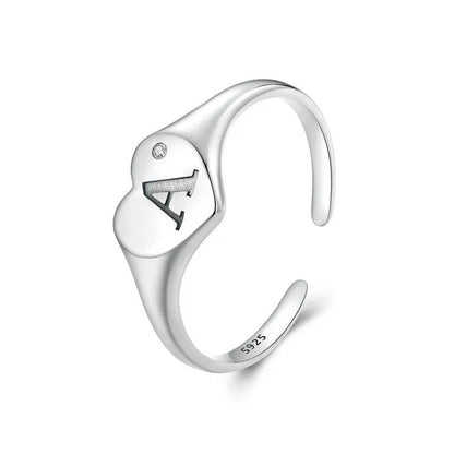 Bague ouverte gravée avec lettre initiale A, bagues empilables réglables en forme de cœur