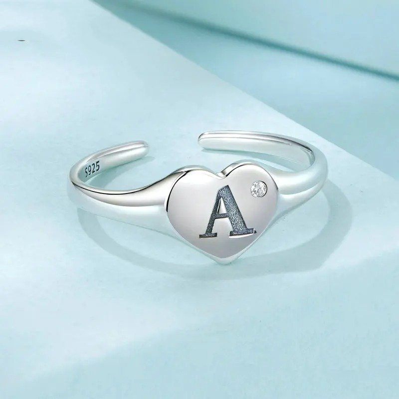 Bague ouverte gravée avec lettre initiale A, bagues empilables réglables en forme de cœur