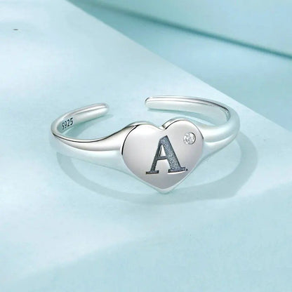 Bague ouverte gravée avec lettre initiale A, bagues empilables réglables en forme de cœur
