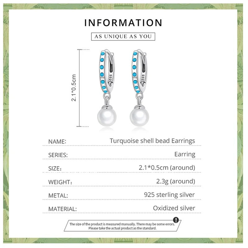 Boucles d'oreilles pendantes turquoise et perles de coquillage