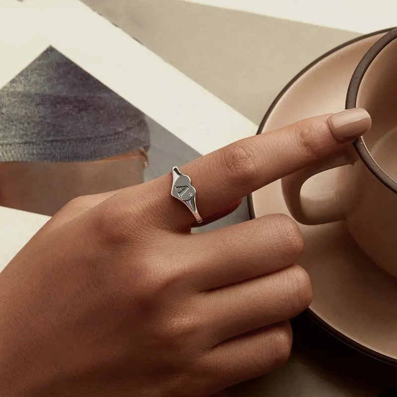 Bague ouverte gravée avec lettre initiale A, bagues empilables réglables en forme de cœur