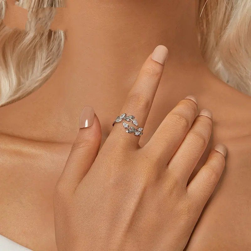 Bague ajustable simple en forme de feuille, déclaration de feuilles porte-bonheur