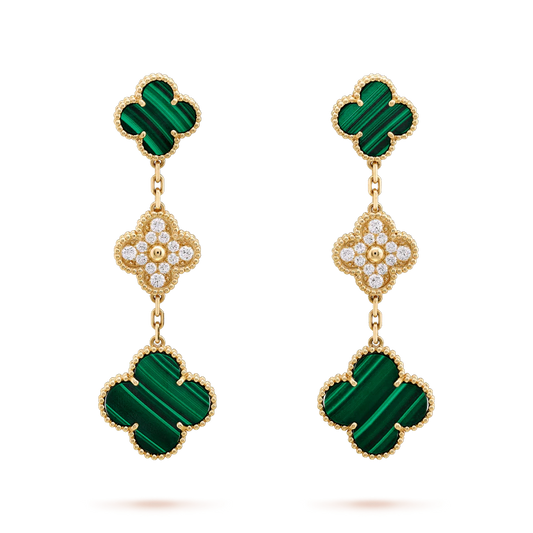 [Kincade Jewelrys] BOUCLES D'OREILLES TRÈFLE OR MALACHITE DIAMANT 3 MOTIFS